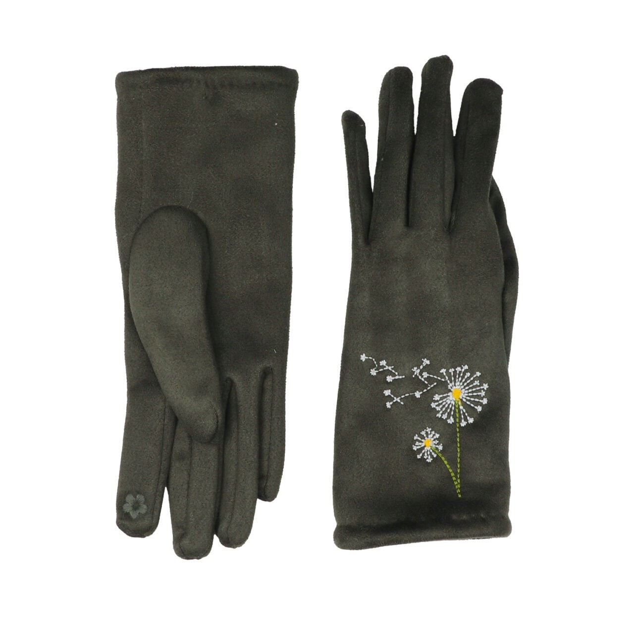 Zelly Faux Suede Dandelion Embroidered Gloves - Green