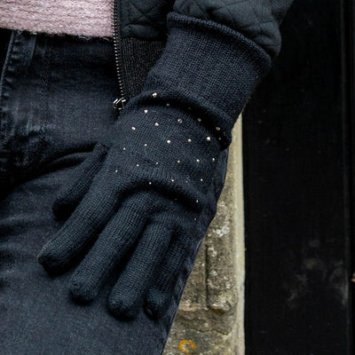 POM Black Studded Diamante Embellished Knitted Gloves