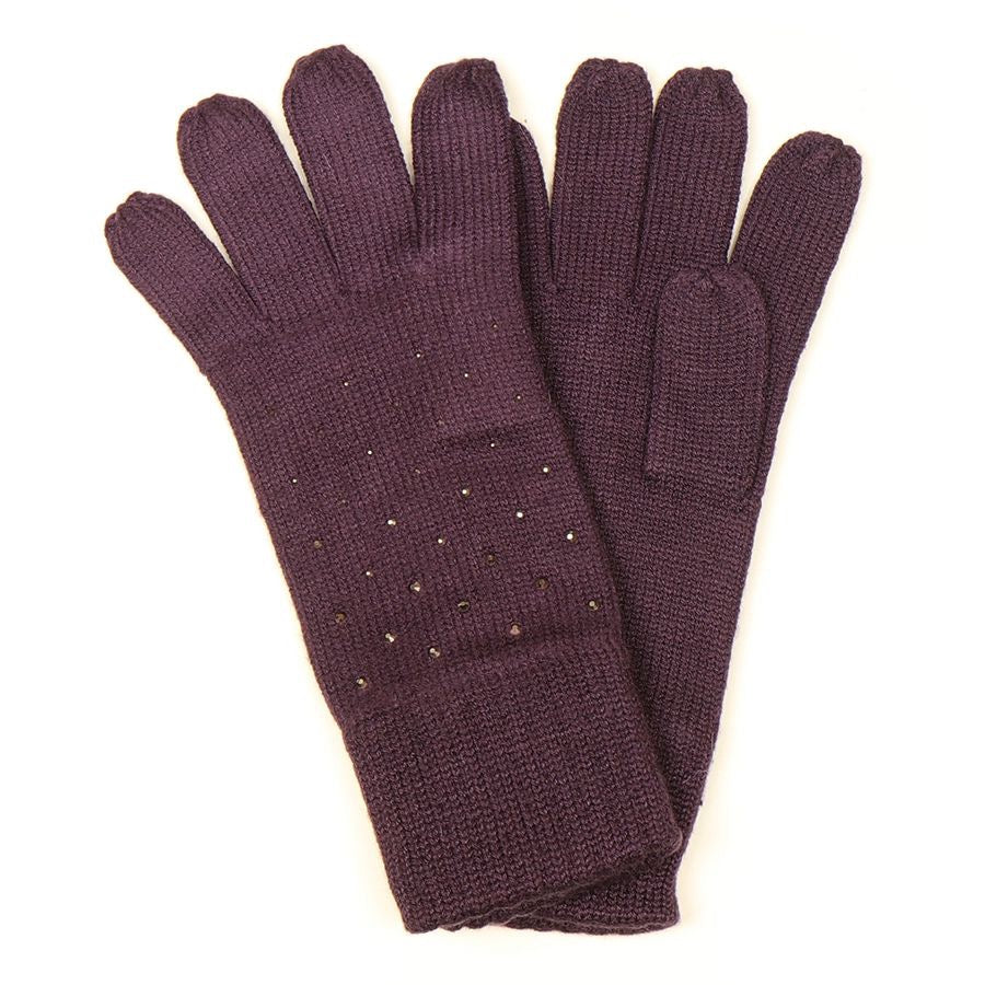 POM Aubergine Purple Gloves Studded Diamante Embellished Knitted Gloves