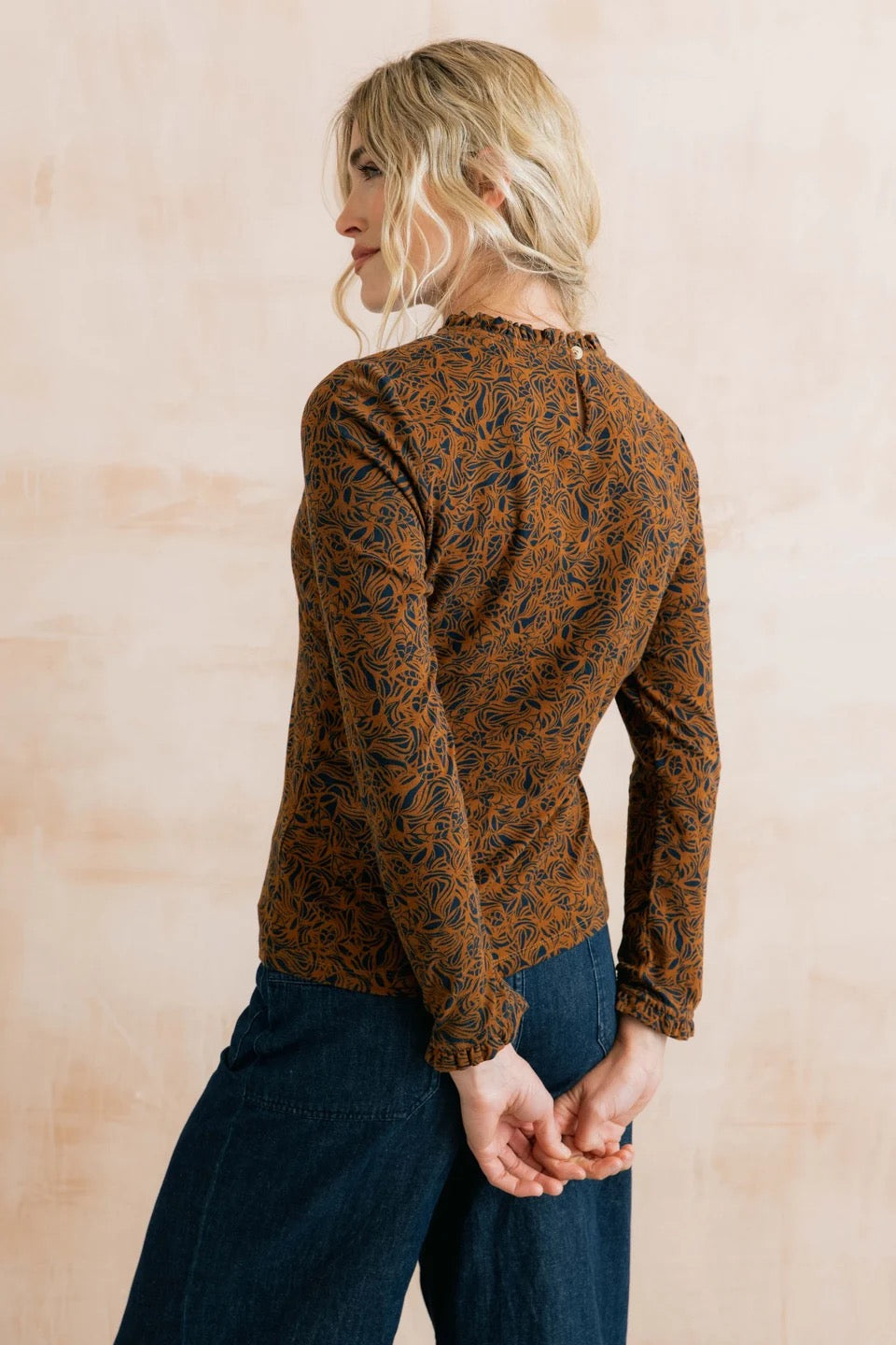 Marnie Long Sleeve Mono Foliage Frill Neck Jersey Top - Burnt Caramel - Lily &amp; Me