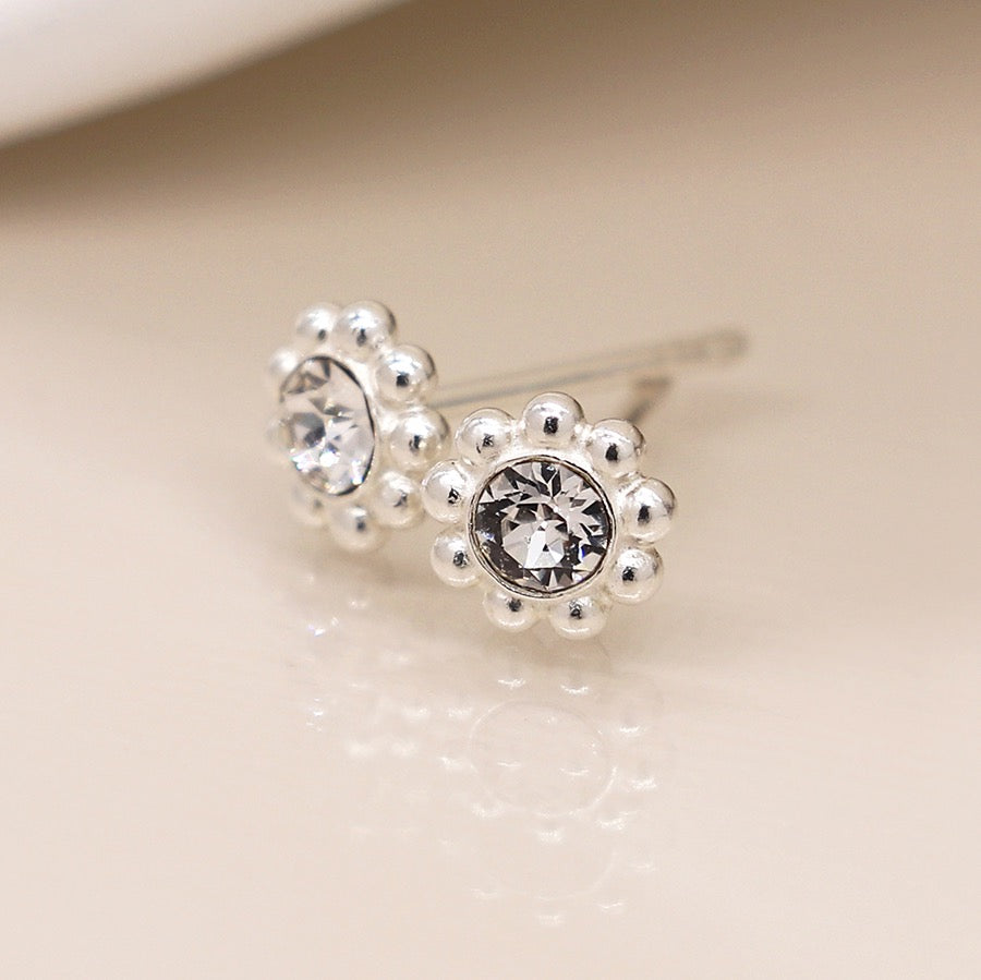 POM Sterling Silver Tiny Round Fancy Rhinestone Stud Earrings