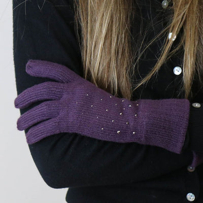 POM Aubergine Purple Gloves Studded Diamante Embellished Knitted Gloves