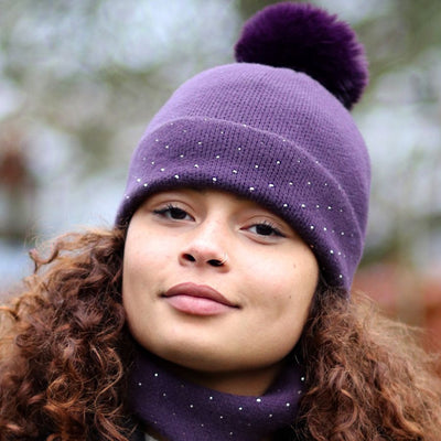 POM Aubergine Purple Studded Diamante Embellished Knitted Bobble Hat