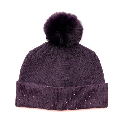 POM Aubergine Purple Studded Diamante Embellished Knitted Bobble Hat