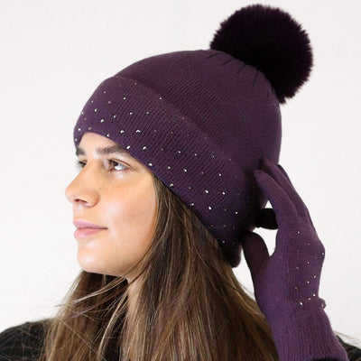 POM Aubergine Purple Studded Diamante Embellished Knitted Bobble Hat