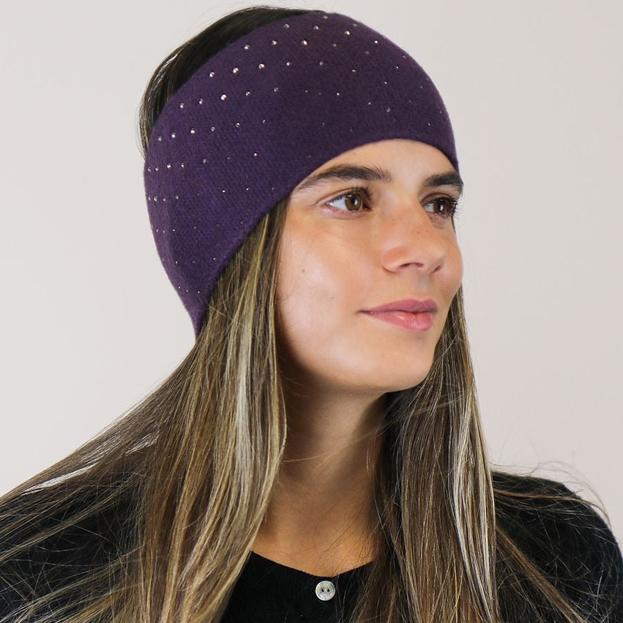 POM Aubergine Purple Studded Diamante Embellished Knitted Headband/Snood