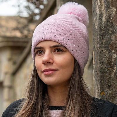 POM Pink Studded Diamante Embellished Knitted Bobble Hat