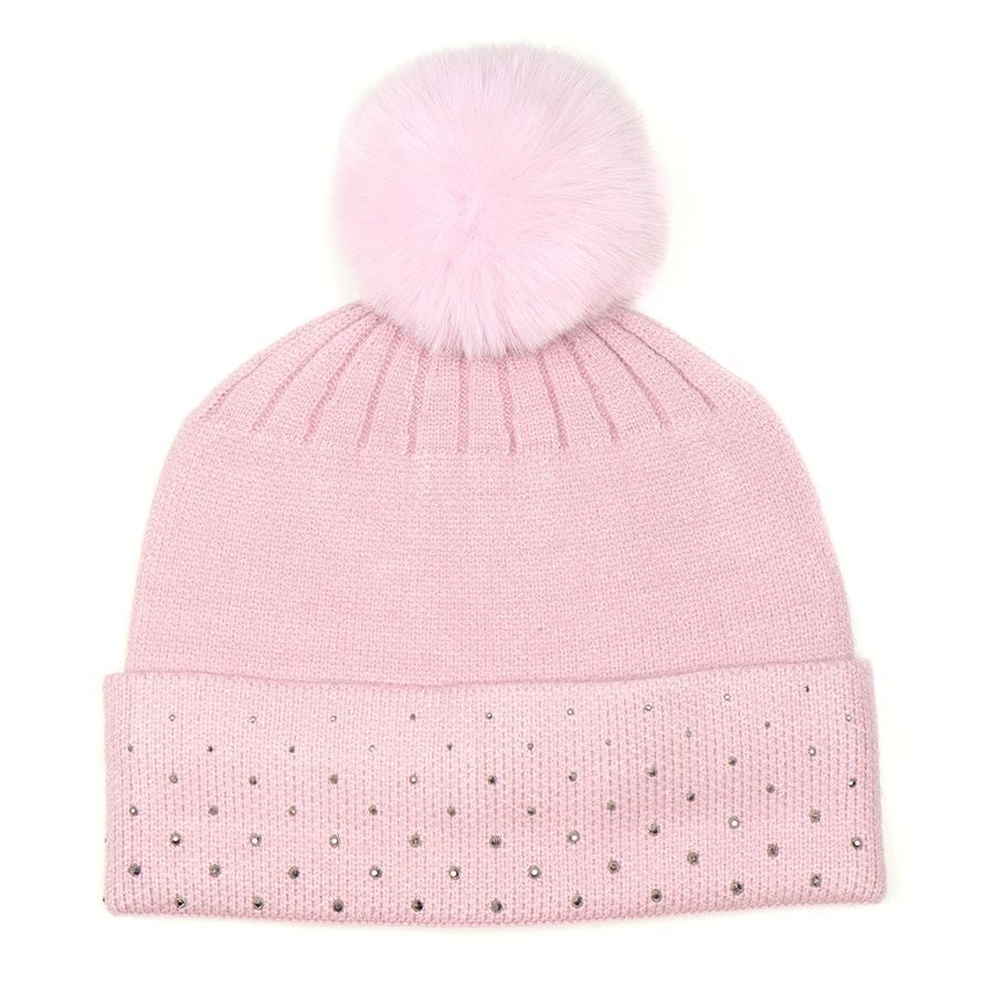 POM Pink Studded Diamante Embellished Knitted Bobble Hat