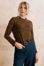 Marnie Long Sleeve Mono Foliage Frill Neck Jersey Top - Burnt Caramel - Lily & Me