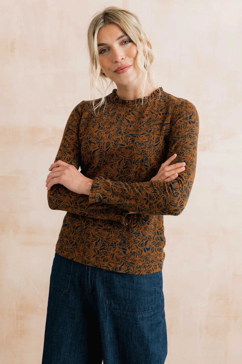 Marnie Long Sleeve Mono Foliage Frill Neck Jersey Top - Burnt Caramel - Lily &amp; Me