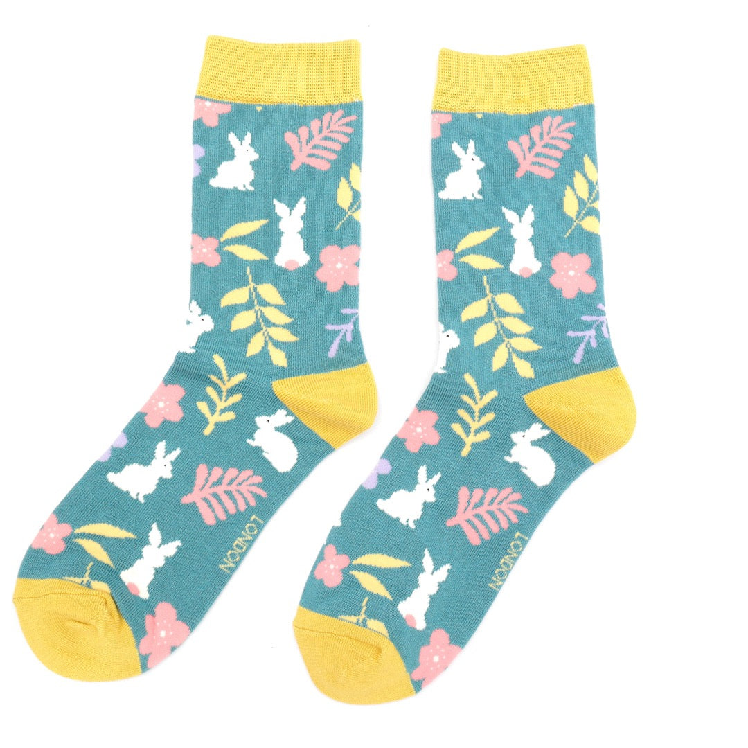 Miss Sparrow Bamboo Ankle Socks - Bunnies - Teal