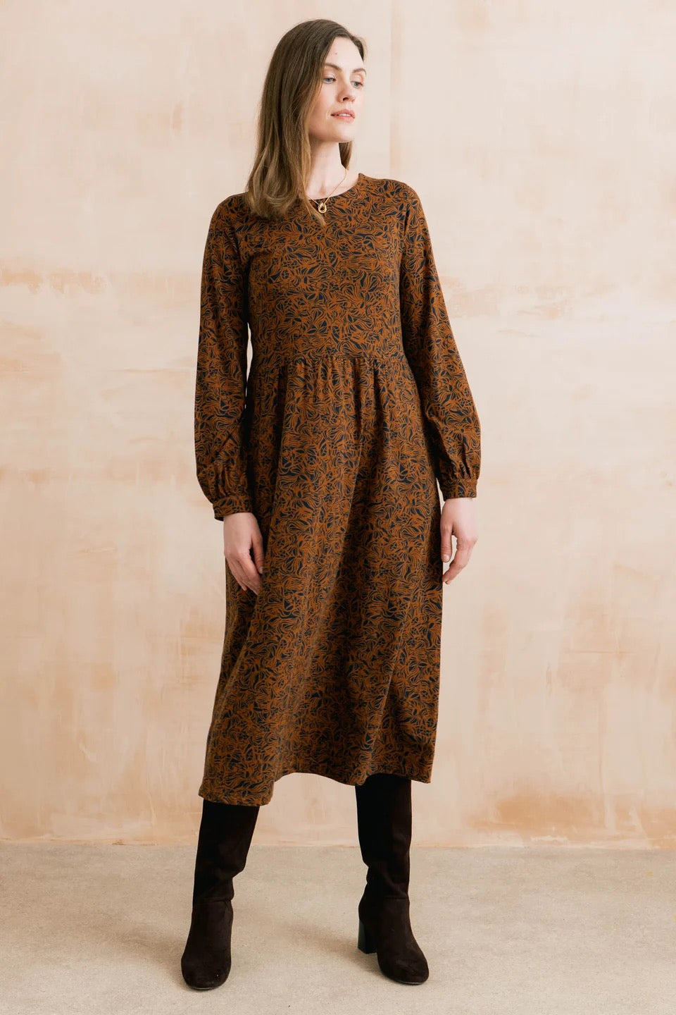 Damson Midi Dress Mono Foliage Print  - Burnt Caramel - Lily &amp; Me