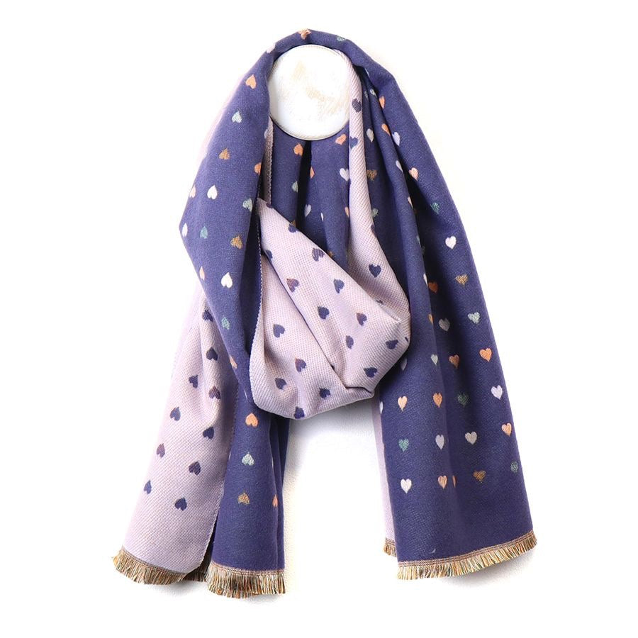 POM Purple/Lilac Mix Tiny Hearts Print Reversible Cosy Jacquard Scarf