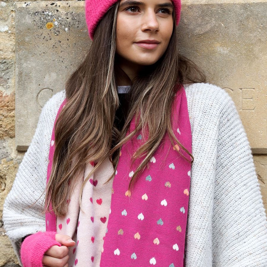 POM Berry Pink/Ecru Mix Tiny Hearts Print Reversible Cosy Jacquard Scarf