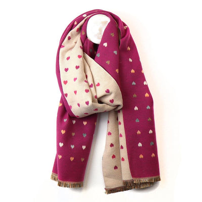 POM Berry Pink/Ecru Mix Tiny Hearts Print Reversible Cosy Jacquard Scarf