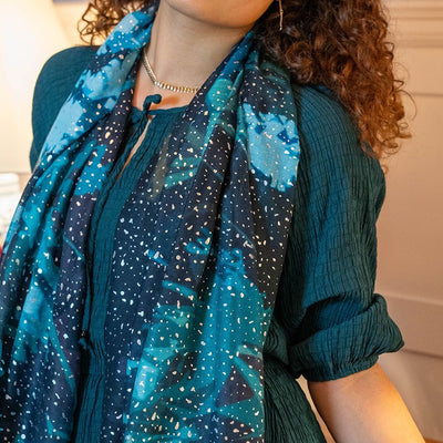 POM Navy/Aqua Abstract Floral Print Scarf with Speckle Gold Foil Overlay