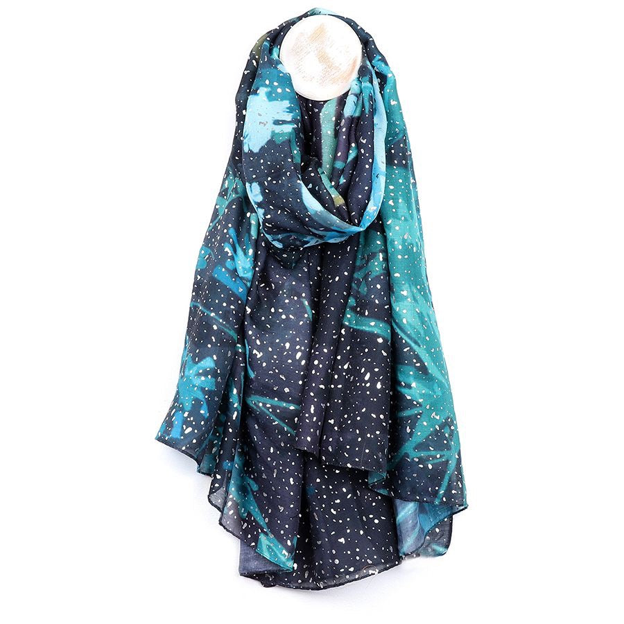 POM Navy/Aqua Abstract Floral Print Scarf with Speckle Gold Foil Overlay