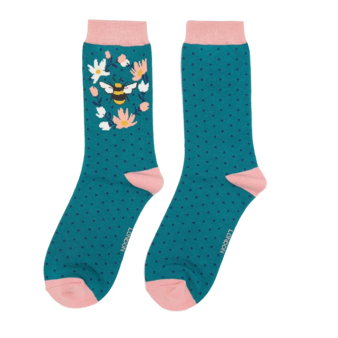 Miss Sparrow Bamboo Ankle Socks - Bumble Bee Wreath - Teal