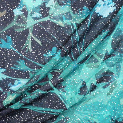 POM Navy/Aqua Abstract Floral Print Scarf with Speckle Gold Foil Overlay