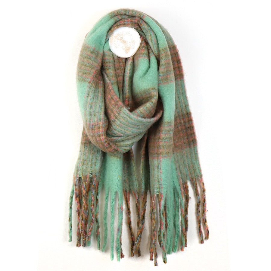 POM Chunky Checked Scarf with Fringe Tassels - Mint Green/Olive