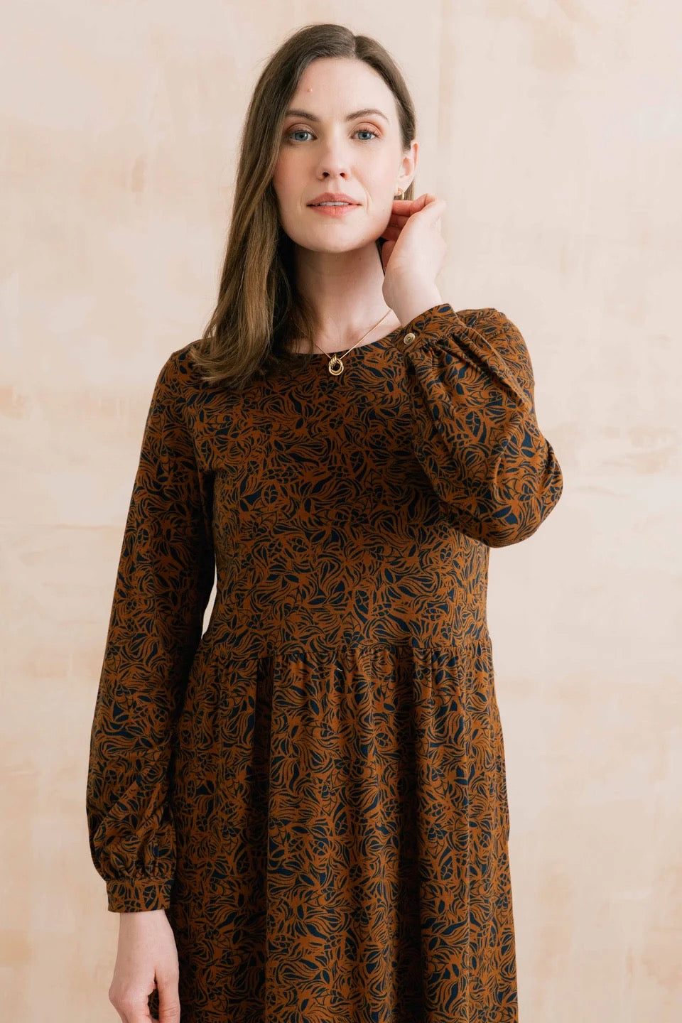 Damson Midi Dress Mono Foliage Print  - Burnt Caramel - Lily &amp; Me