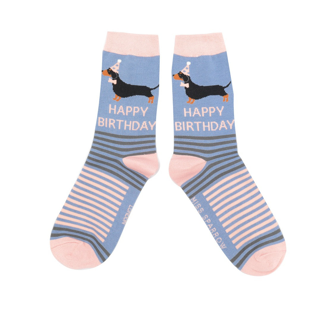Miss Sparrow Bamboo Ankle Socks - Birthday Sausage Dogs - Denim Blue