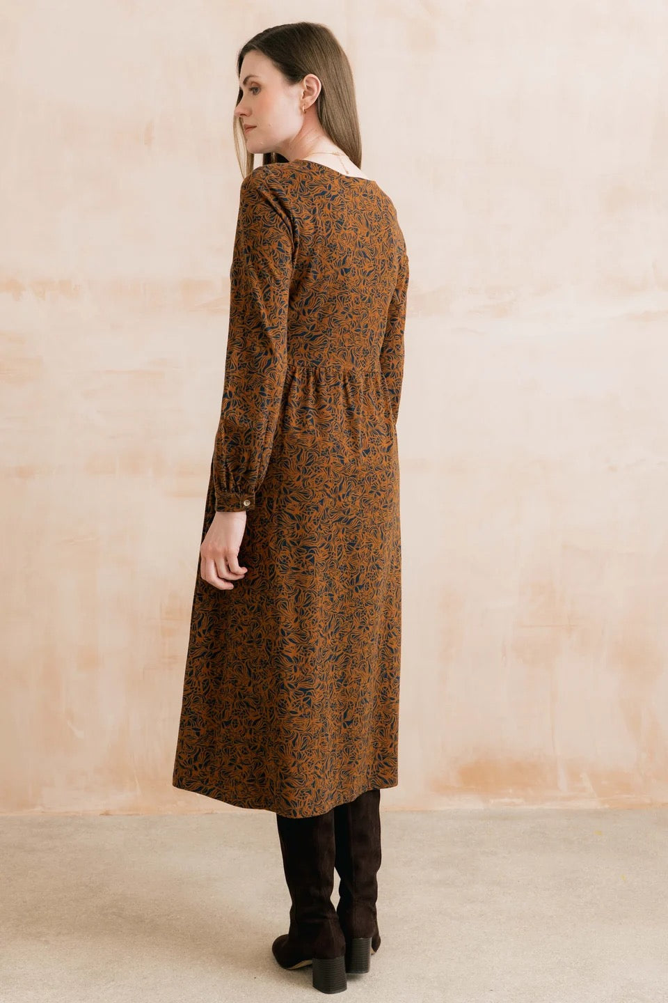 Damson Midi Dress Mono Foliage Print  - Burnt Caramel - Lily &amp; Me
