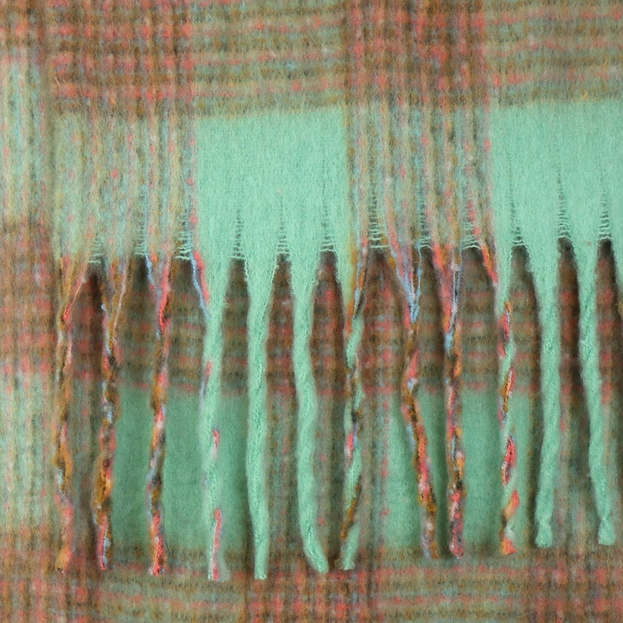POM Chunky Checked Scarf with Fringe Tassels - Mint Green/Olive