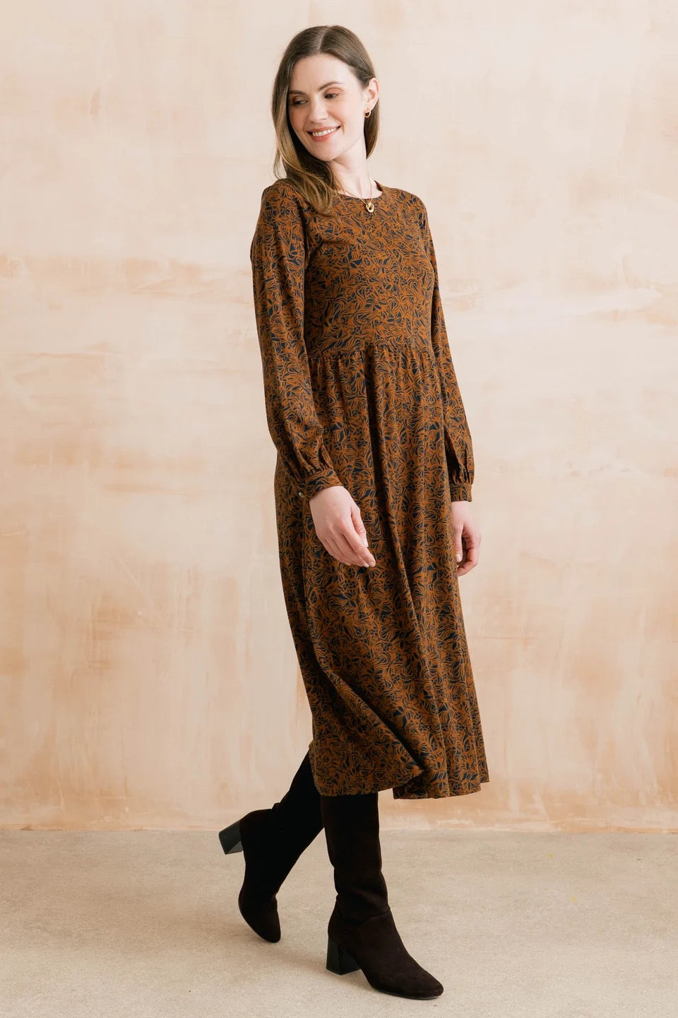 Damson Midi Dress Mono Foliage Print  - Burnt Caramel - Lily &amp; Me