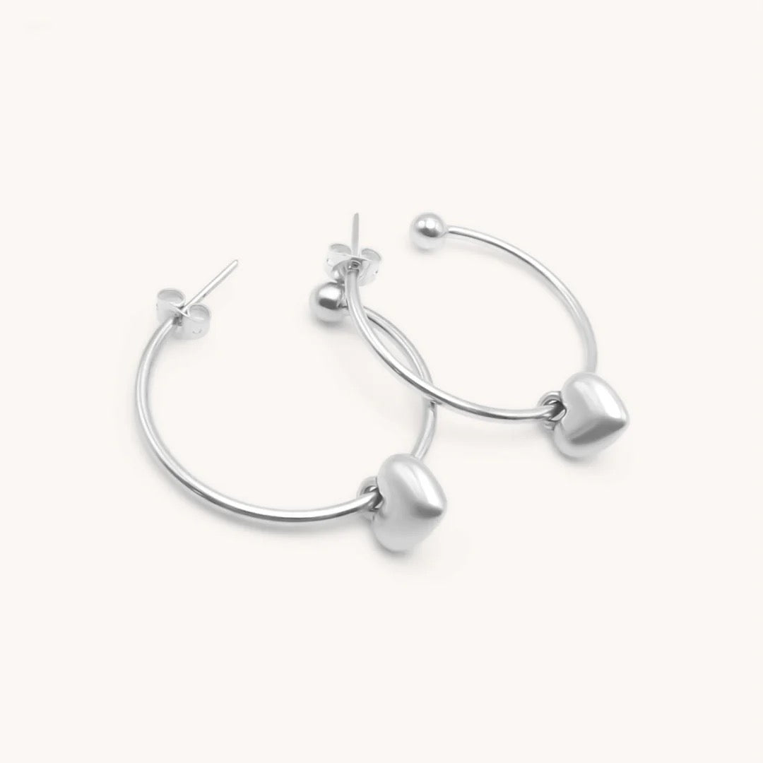 Orli Puff Heart Charm Large Hoop Earrings - Silver