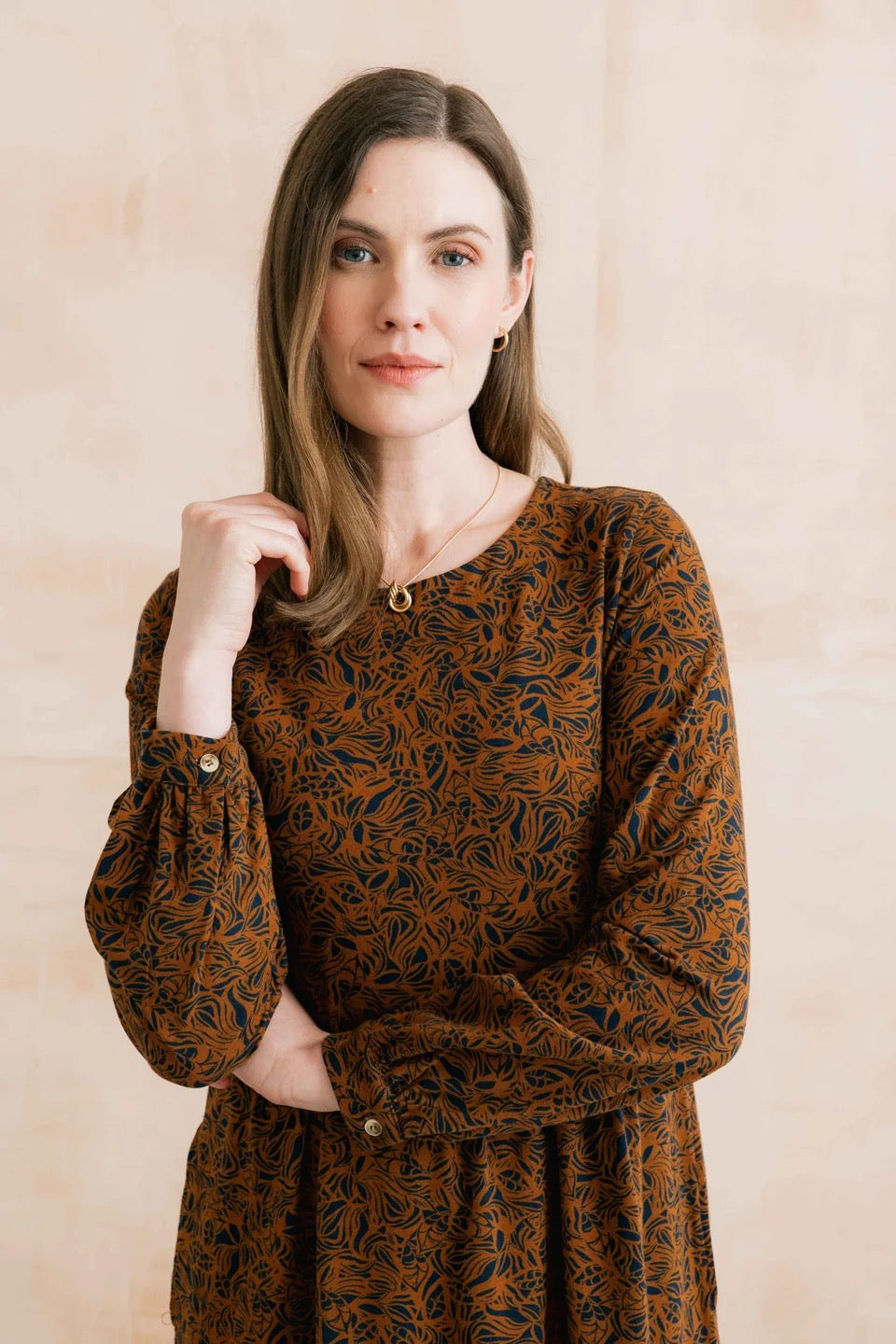 Damson Midi Dress Mono Foliage Print  - Burnt Caramel - Lily &amp; Me