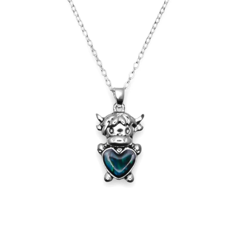 Byzantium - Bessie HighLand Cow Paua Shell Charm- Necklace - Silver