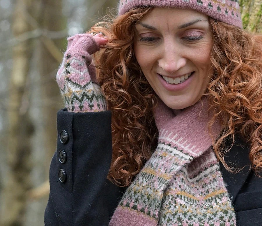 POM Fairisle Border Wrist Warmers - Dusty Pink/Green Mix