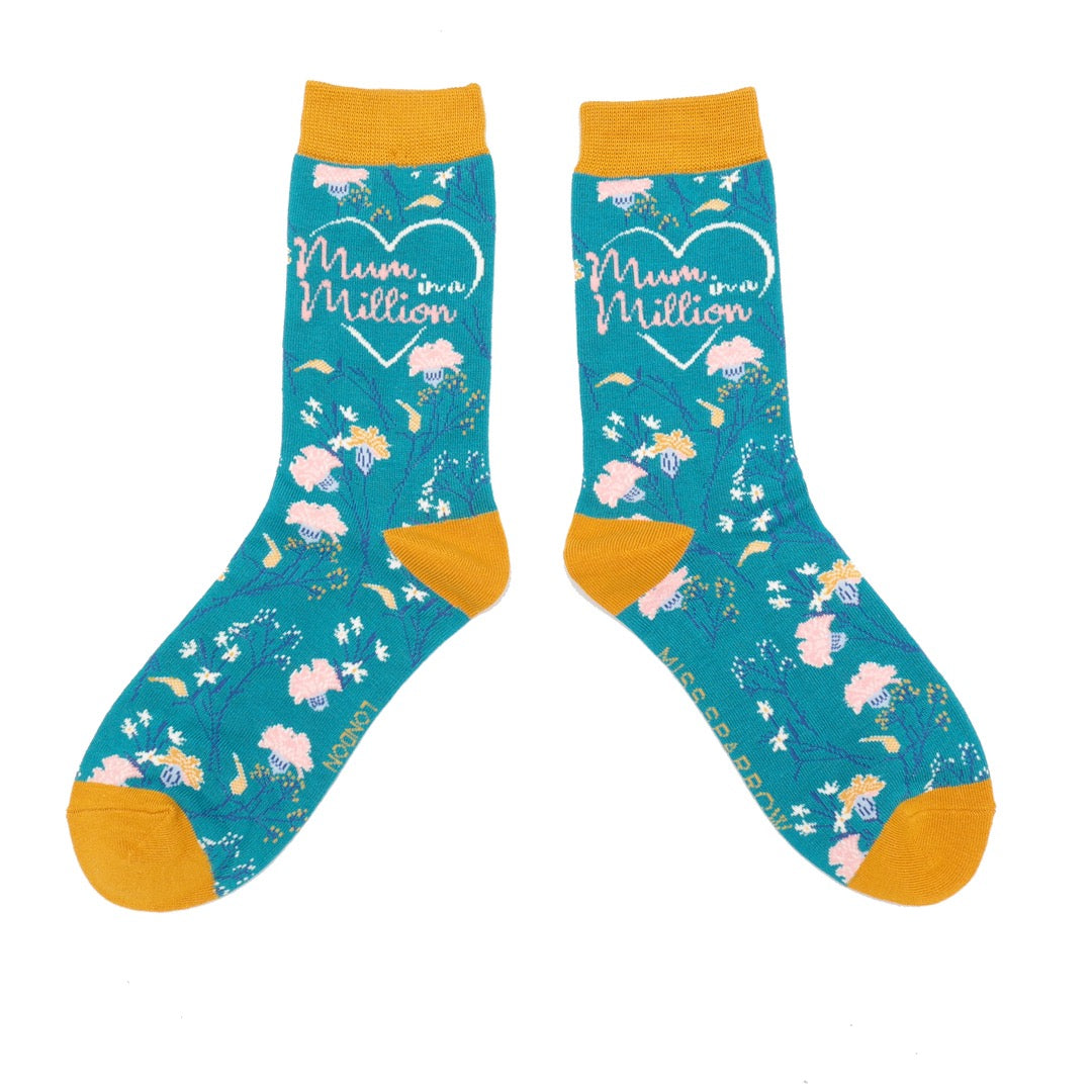 Miss Sparrow Ladies Bamboo Ankle Socks - Mum in a Million Floral- Teal