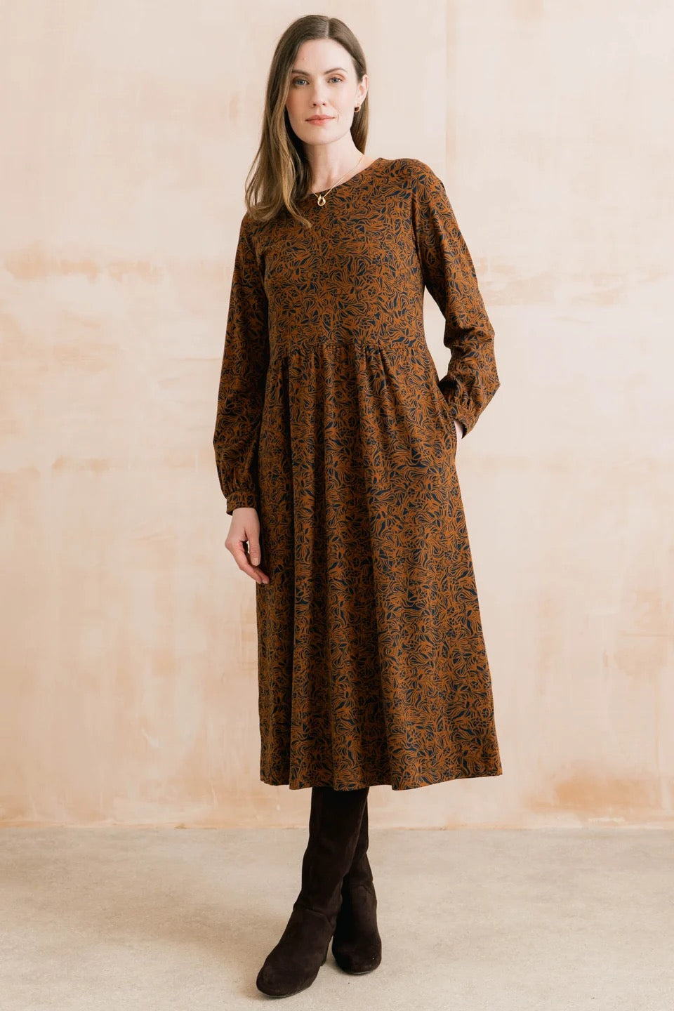 Damson Midi Dress Mono Foliage Print  - Burnt Caramel - Lily &amp; Me