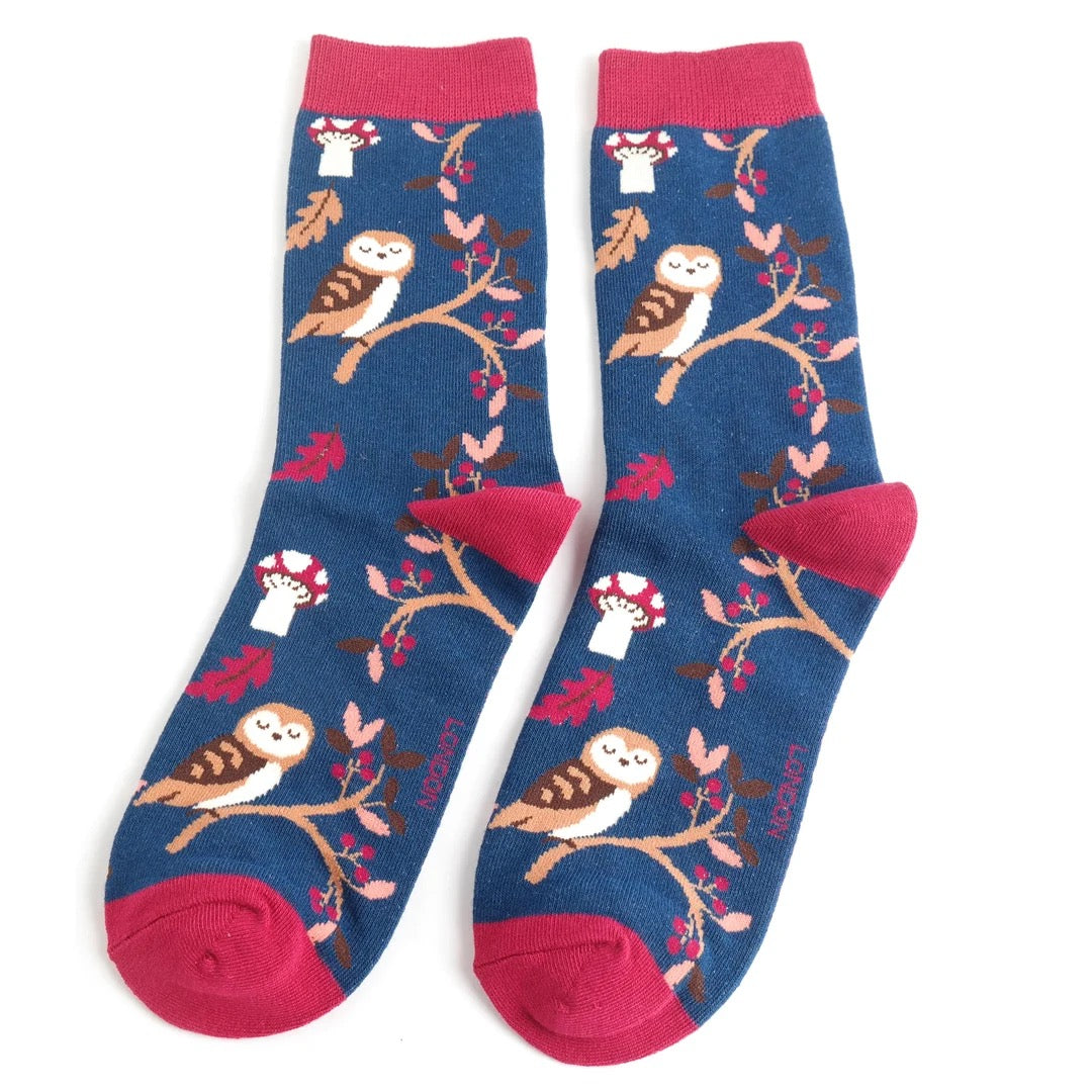 Miss Sparrow Bamboo Ankle Socks - Woodland Owls - Navy