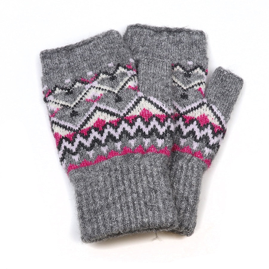 POM Fairisle Border Wool Wrist Warmers/ Fingerless Gloves - Grey Pink Mix