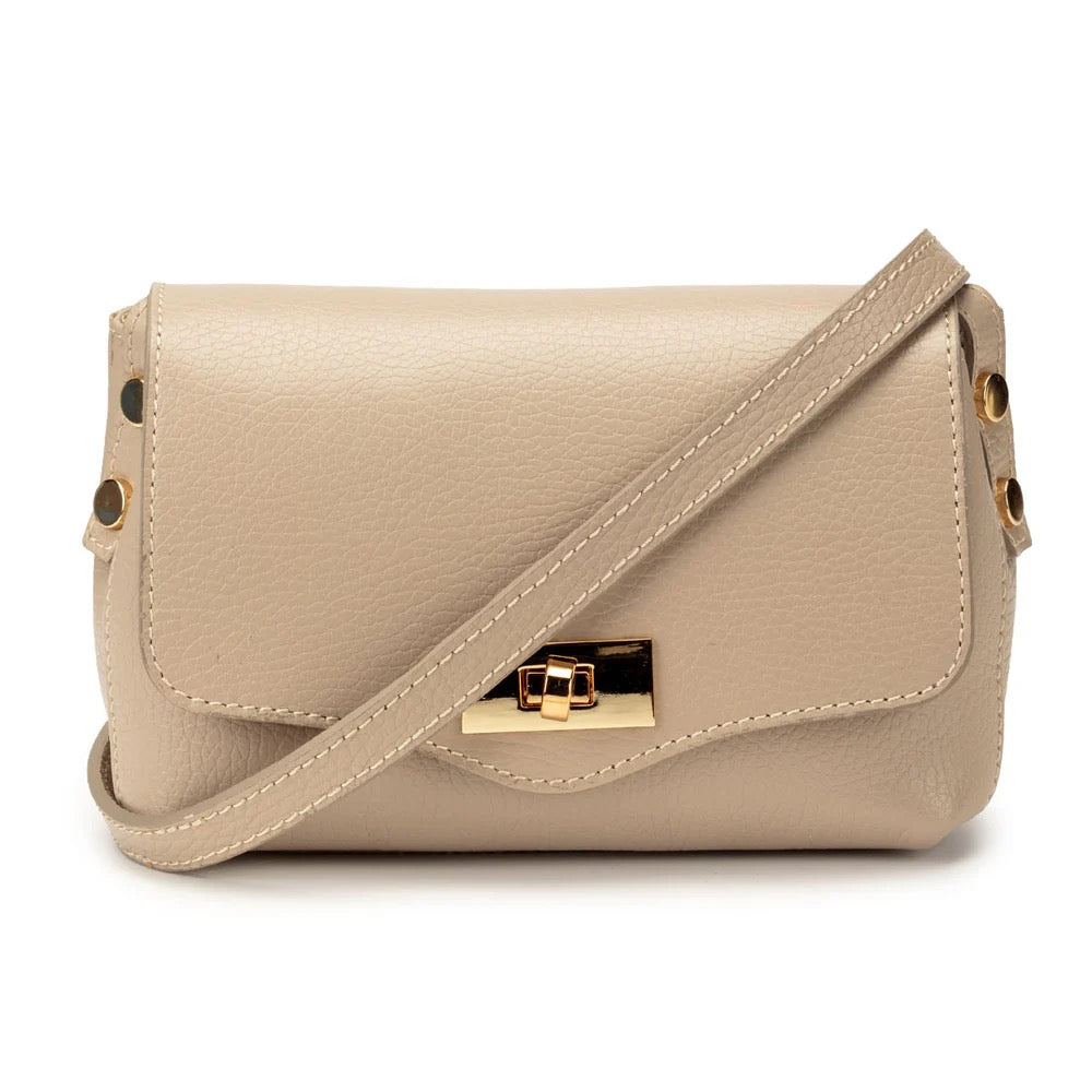 Elie Beaumont Leather Twist Lock Small Crossbody Bag - Biscuit (GOLD Fittings)