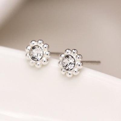 POM Sterling Silver Tiny Round Fancy Rhinestone Stud Earrings