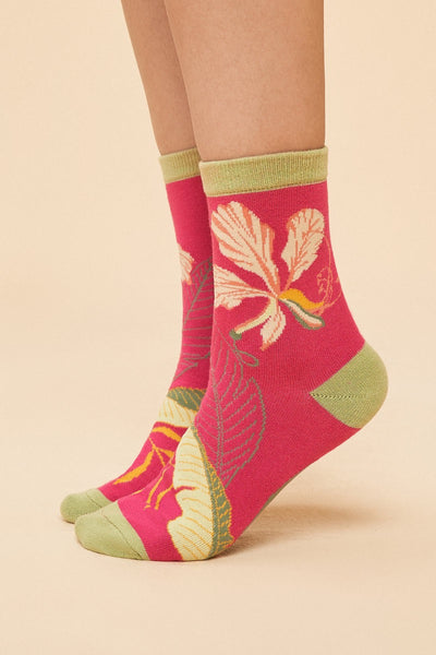 Powder Delicate Tropical Ladies Bamboo Ankle Socks - Dark Rose