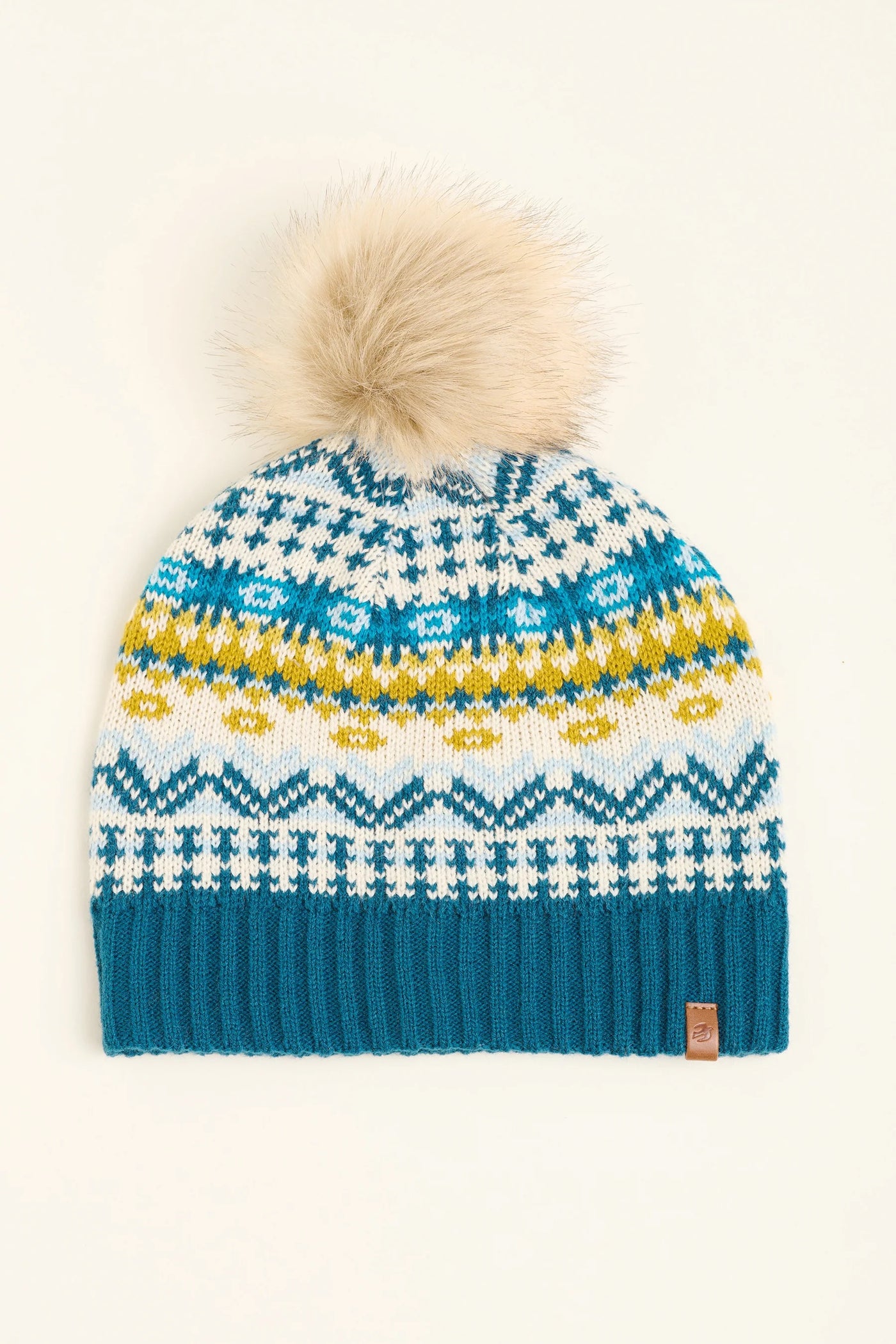 Brakeburn Fairisle Knitted Bobble Hat - Teal/Mustard/Oatmeal