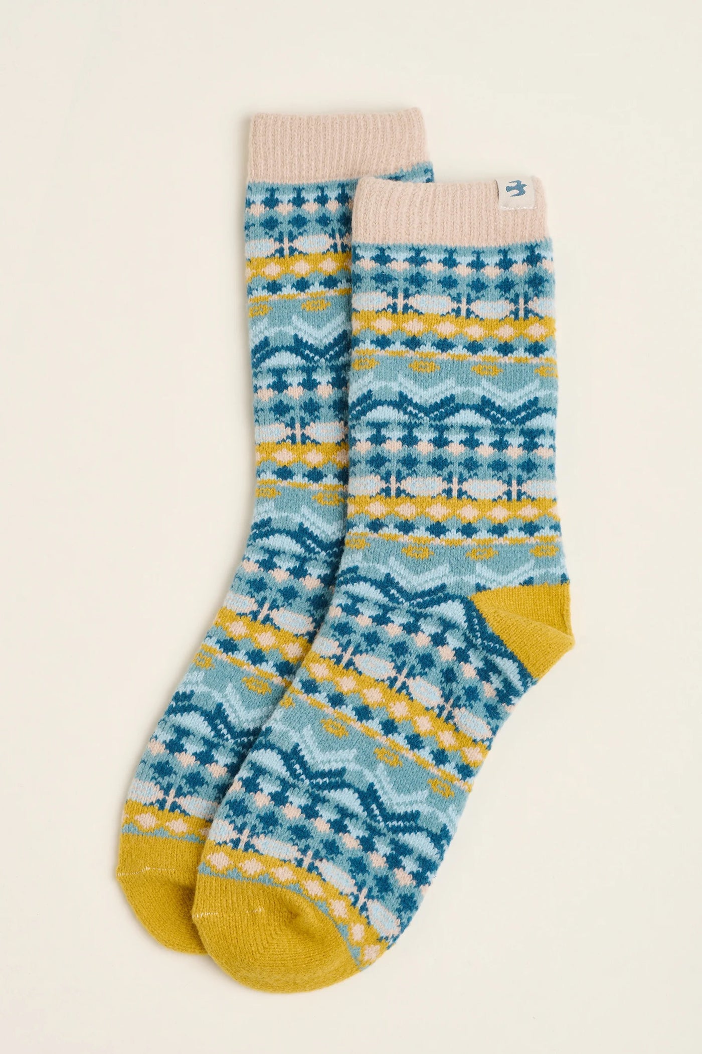 Brakeburn Fairisle Knitted Ladies Fluffy Socks - Teal/Mustard/Oatmeal