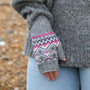 POM Fairisle Border Wool Wrist Warmers/ Fingerless Gloves - Grey Pink Mix