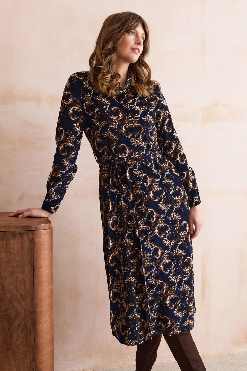 Anya Pincord Trailing Leaves Print-  Midi Shirt Dress  - Navy/Chocolate - Lily &amp; Me