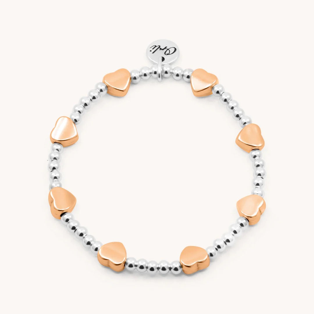 Orli Silver & Rose Gold Glider Heart Stretch Beaded Bracelet