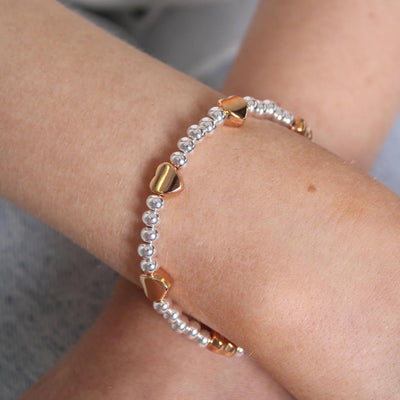 Orli Silver & Rose Gold Glider Heart Stretch Beaded Bracelet