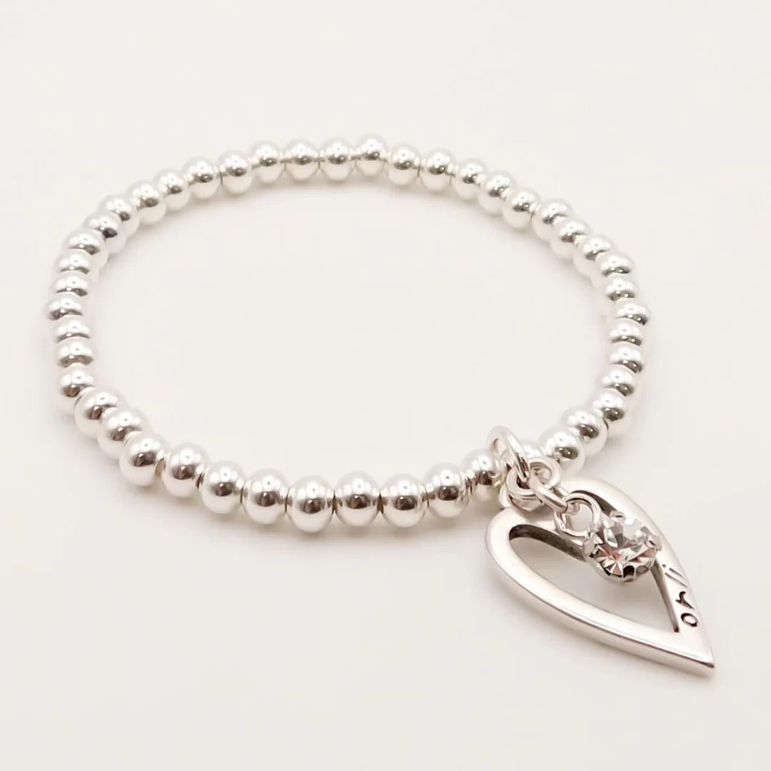 Orli Silver Open Heart & Diamante Stretch Beaded Bracelet