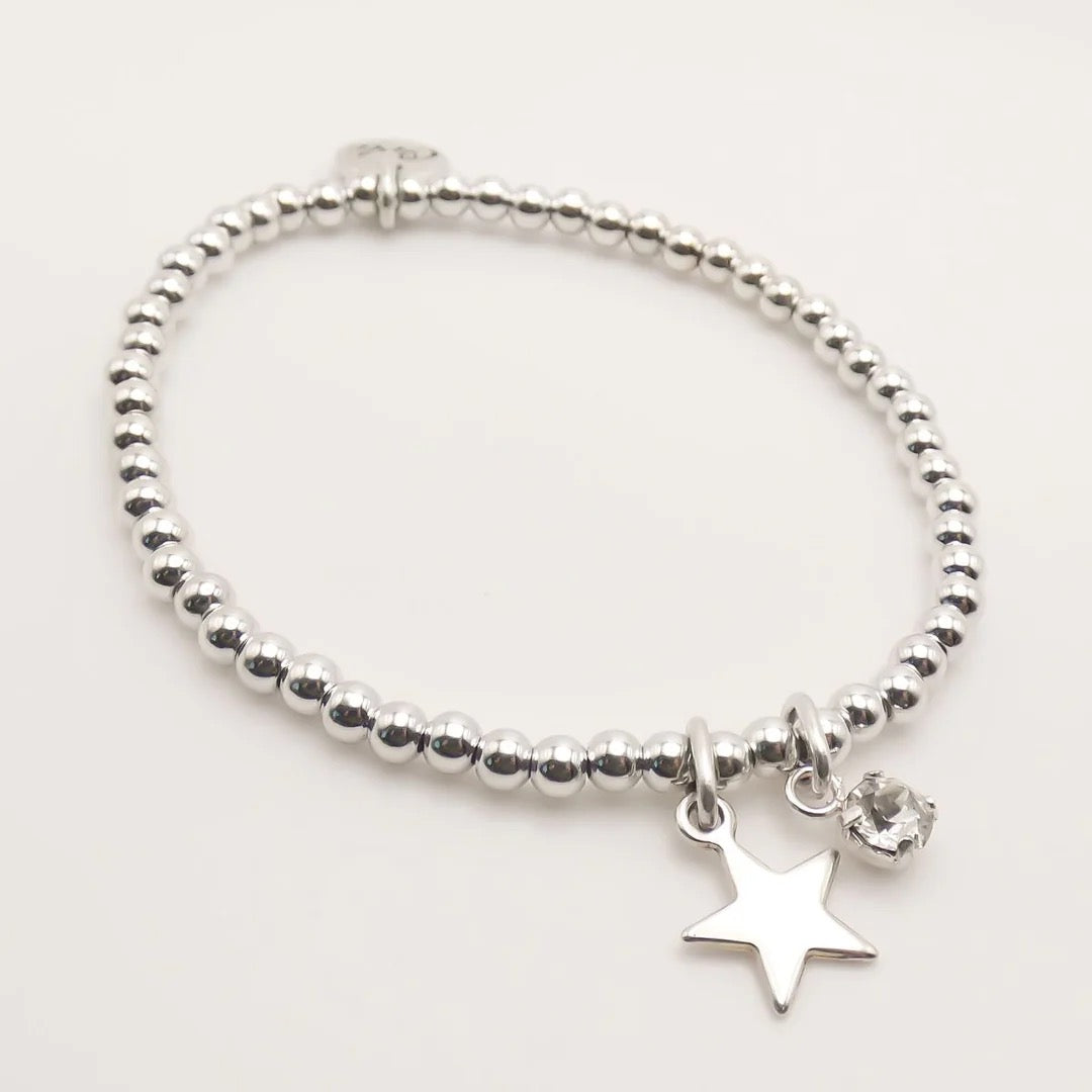 Orli Silver Star & Diamante Charm Stretch Beaded Bracelet