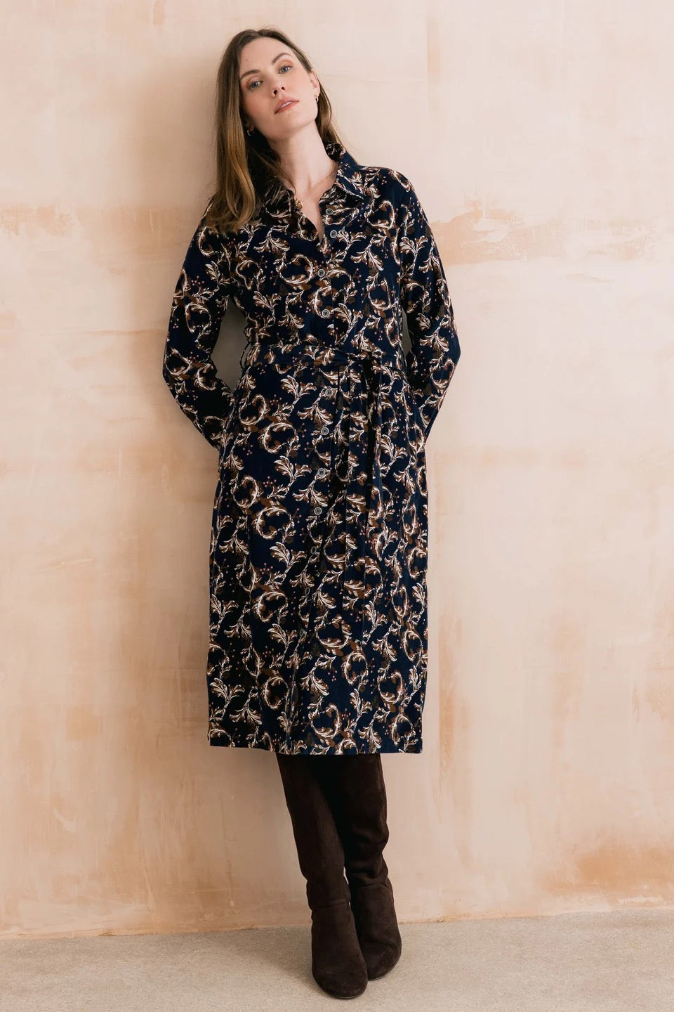 Anya Pincord Trailing Leaves Print-  Midi Shirt Dress  - Navy/Chocolate - Lily &amp; Me