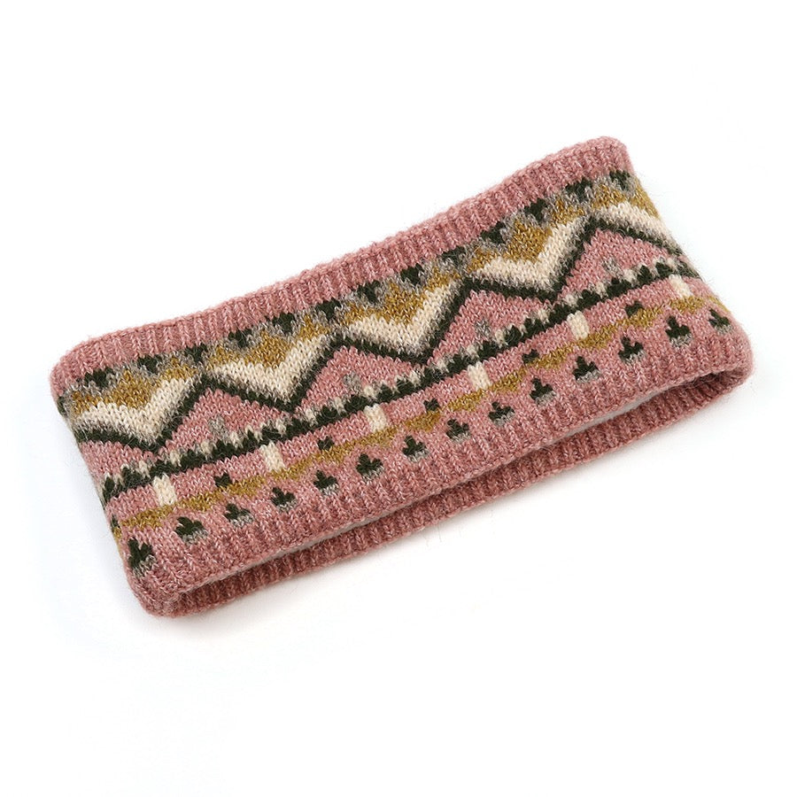 POM Fairisle Border Cosy Headband - Dusky Pink/Green